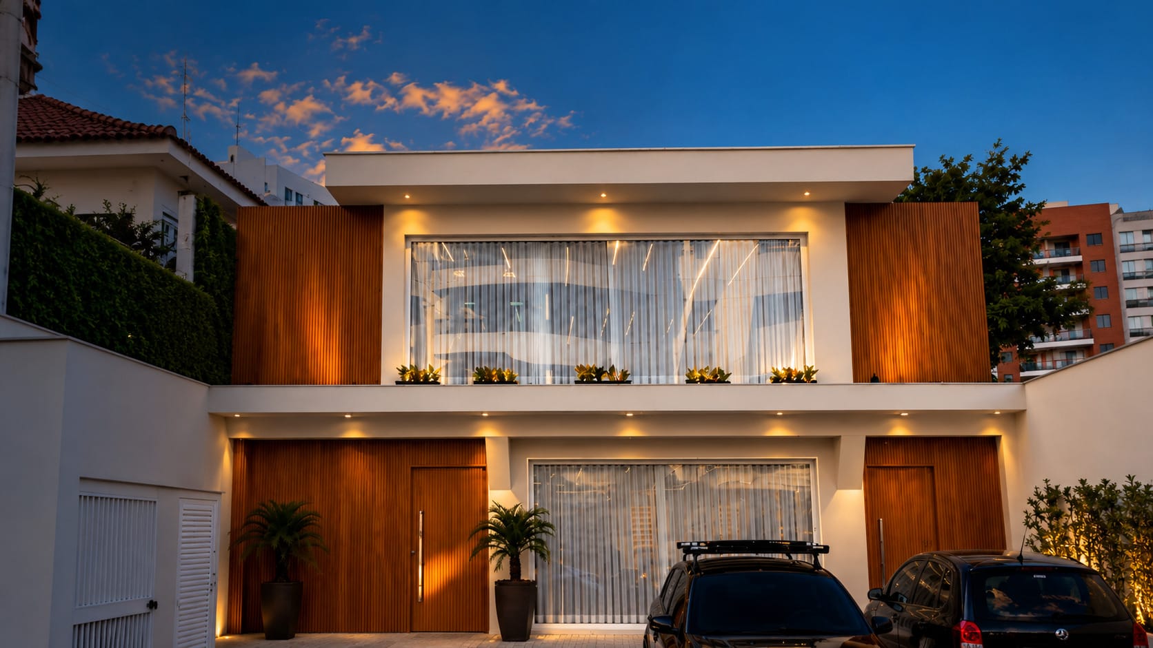 Fachada de residência com esquadrias de alumínio e vidro iluminadas ao entardecer