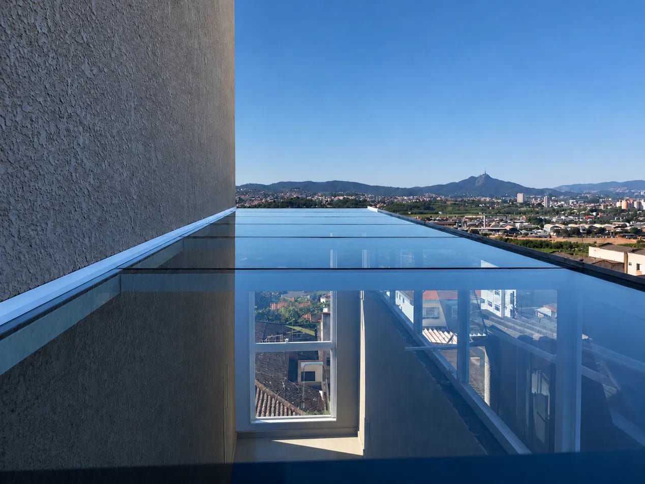 Cobertura de vidro com perfil de alumínio no alto de um edifício, com a cidade ao fundo